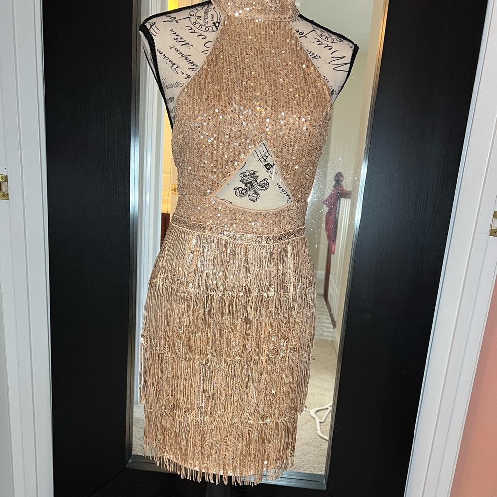 Gold sequin dress with beaded fringe